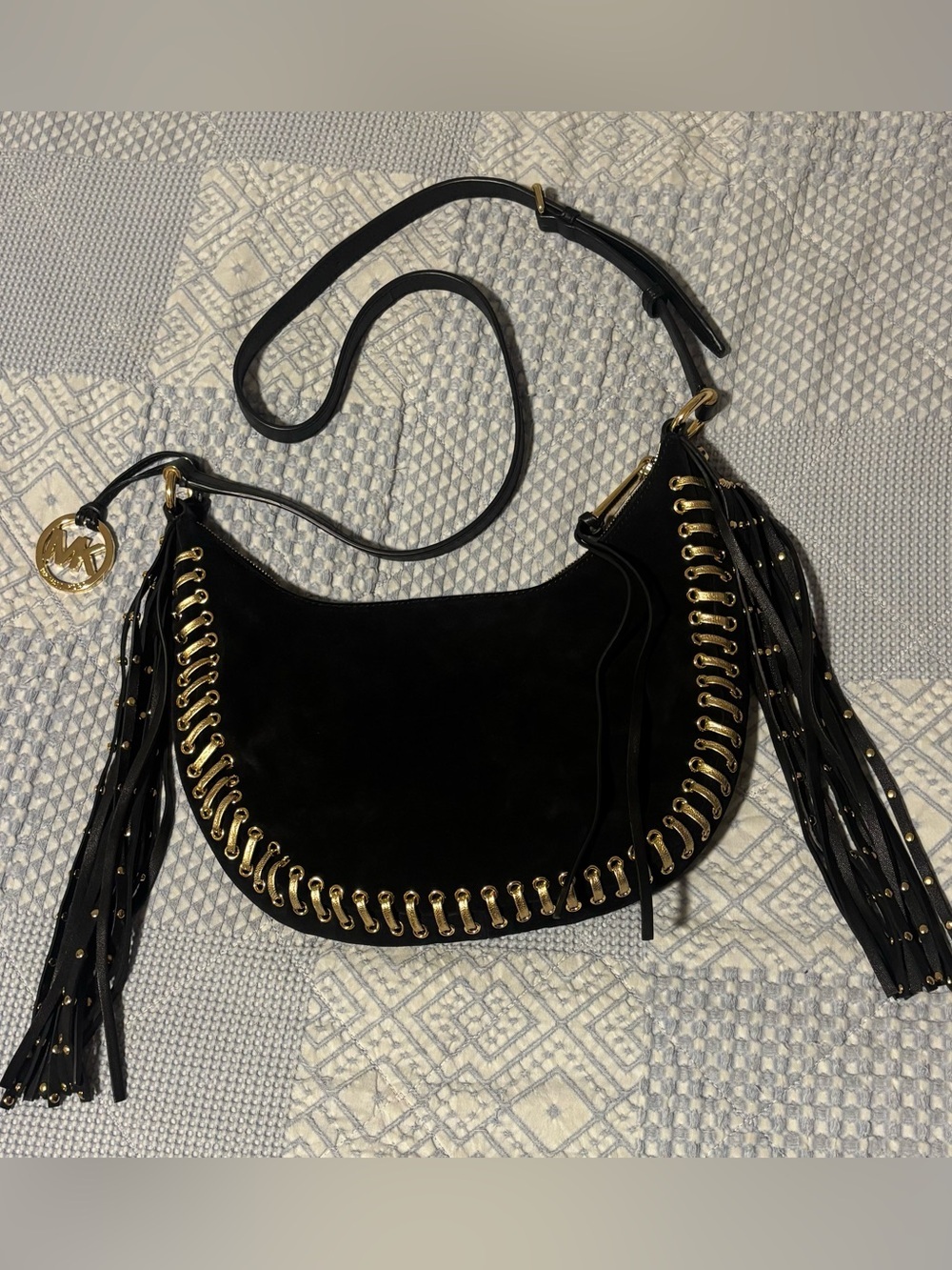 Michael Kors Riley Black Suede Fringe Whipstitch Hobo Crossbody Bag 30H4GRGL5S